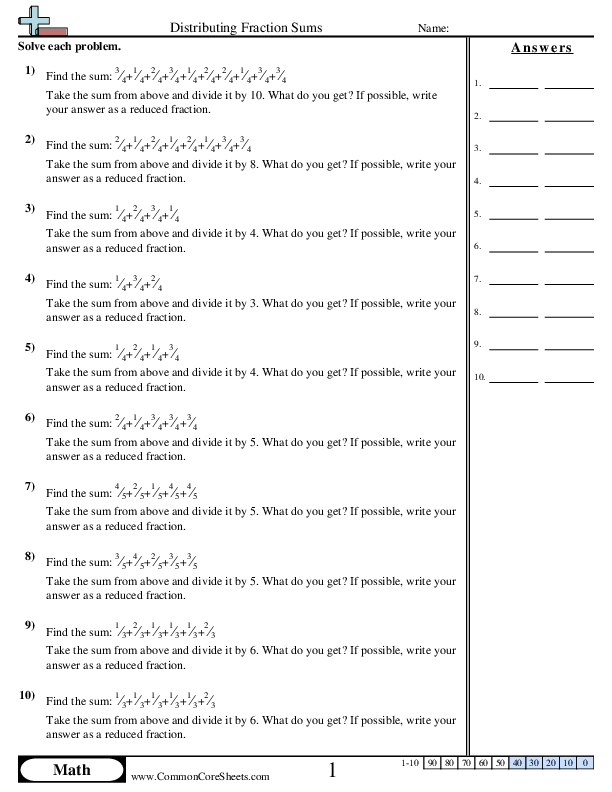 Fraction Worksheets - Distributing Fractions Sums worksheet